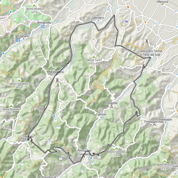 Miniaturní mapa "Okruh kolem Castrocaro Terme e Terra del Sole" inspirace pro cyklisty v oblasti Emilia-Romagna, Italy. Vytvořeno pomocí plánovače tras Tarmacs.app