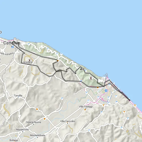 Mapa miniatúra "Kolo cez Monte Merro a Monte Bacchino" cyklistická inšpirácia v Emilia-Romagna, Italy. Vygenerované cyklistickým plánovačom trás Tarmacs.app