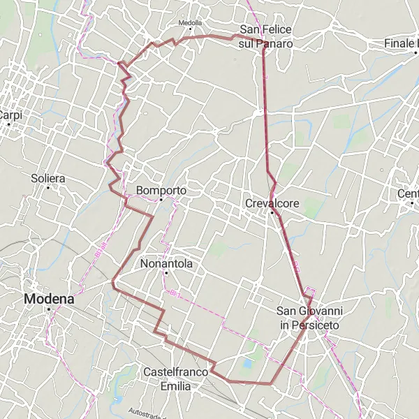 Miniatuurkaart van de fietsinspiratie "Graveltocht naar Camposanto en Bastiglia" in Emilia-Romagna, Italy. Gemaakt door de Tarmacs.app fietsrouteplanner