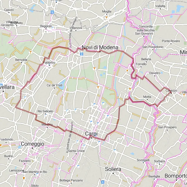 Miniatura mapy "Trasy na szutrowe szlaki w okolicach Cavezzo" - trasy rowerowej w Emilia-Romagna, Italy. Wygenerowane przez planer tras rowerowych Tarmacs.app
