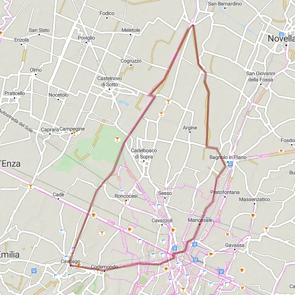 Miniatura della mappa di ispirazione al ciclismo "Giro in Gravel intorno a Cavriago" nella regione di Emilia-Romagna, Italy. Generata da Tarmacs.app, pianificatore di rotte ciclistiche