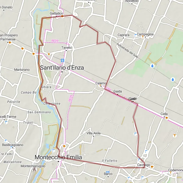 Miniature de la carte de l'inspiration cycliste "Boucle de vélo tout-terrain de 39 km près de Cavriago" dans la Emilia-Romagna, Italy. Générée par le planificateur d'itinéraire cycliste Tarmacs.app
