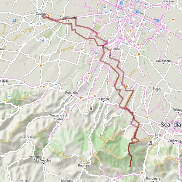 Miniature de la carte de l'inspiration cycliste "Itinéraire de vélo tout-terrain de 52 km autour de Cavriago" dans la Emilia-Romagna, Italy. Générée par le planificateur d'itinéraire cycliste Tarmacs.app