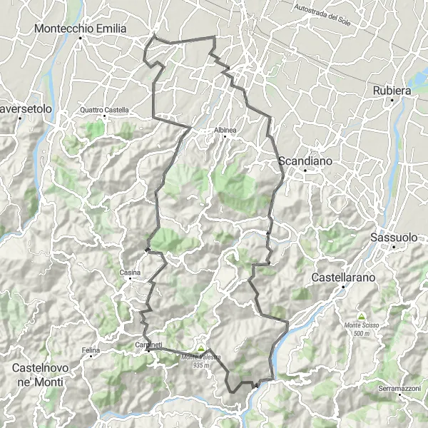 Mapa miniatúra "Road Codemondo - Fogliano - Castello di Viano - Maestà Nera - Carpineti - Monte Arno - Monte Vecchio - Montecavolo" cyklistická inšpirácia v Emilia-Romagna, Italy. Vygenerované cyklistickým plánovačom trás Tarmacs.app