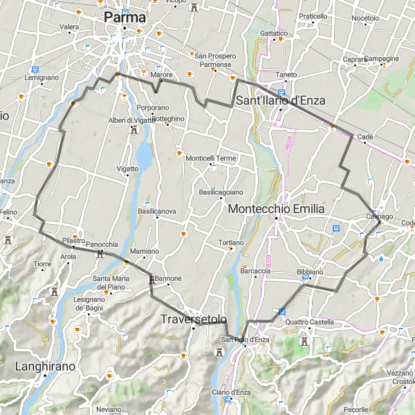 Kartminiatyr av "Rundresa till Bibbiano och Marore" cykelinspiration i Emilia-Romagna, Italy. Genererad av Tarmacs.app cykelruttplanerare