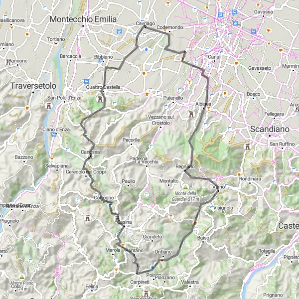 Miniatua del mapa de inspiración ciclista "Ruta de carretera por Albinea y Canossa" en Emilia-Romagna, Italy. Generado por Tarmacs.app planificador de rutas ciclistas