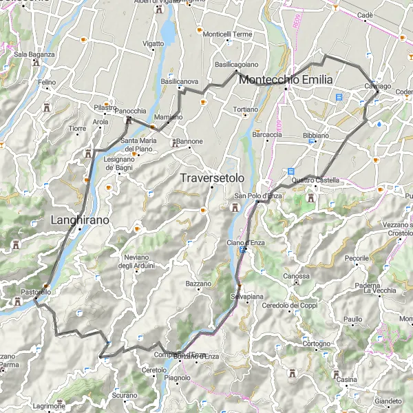 Miniatuurkaart van de fietsinspiratie "Tocht naar Langhirano en Montechiarugolo" in Emilia-Romagna, Italy. Gemaakt door de Tarmacs.app fietsrouteplanner