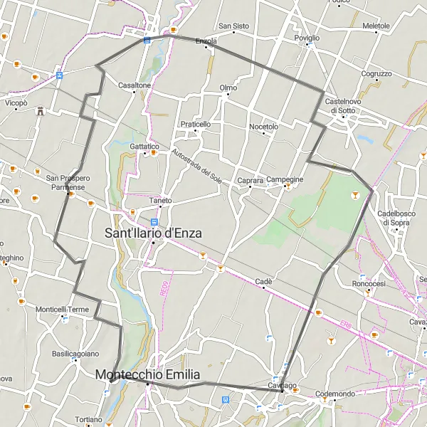 Miniaturní mapa "Road Cycling to Montechiarugolo and Sorbolo" inspirace pro cyklisty v oblasti Emilia-Romagna, Italy. Vytvořeno pomocí plánovače tras Tarmacs.app