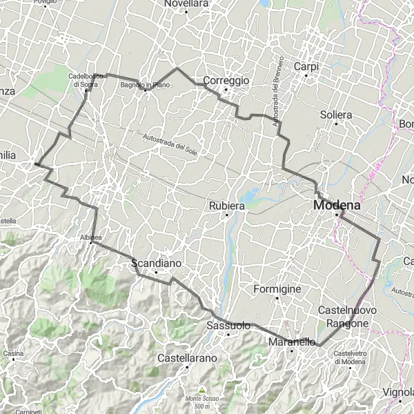 Mapa miniatúra "Road Cadelbosco di Sopra - Bagnolo in Piano - Lesignana - Castelnuovo Rangone - Sassuolo - Monte della Valle - Albinea - Cavriago" cyklistická inšpirácia v Emilia-Romagna, Italy. Vygenerované cyklistickým plánovačom trás Tarmacs.app