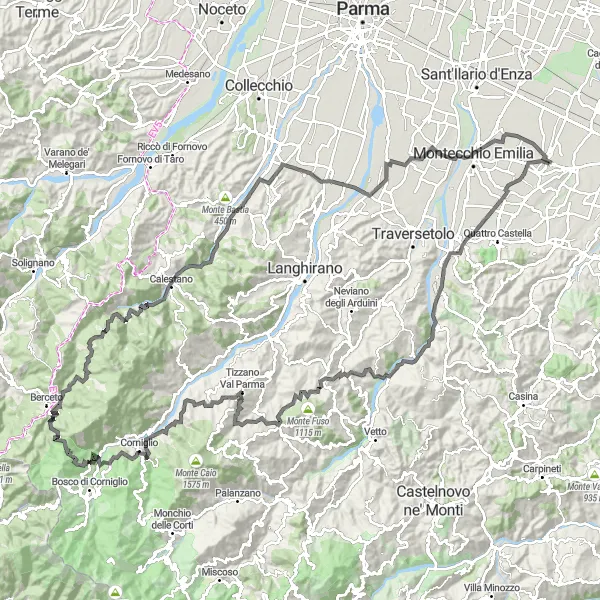 Map miniature of "Monte Albano and Monte Rotondo Loop" cycling inspiration in Emilia-Romagna, Italy. Generated by Tarmacs.app cycling route planner