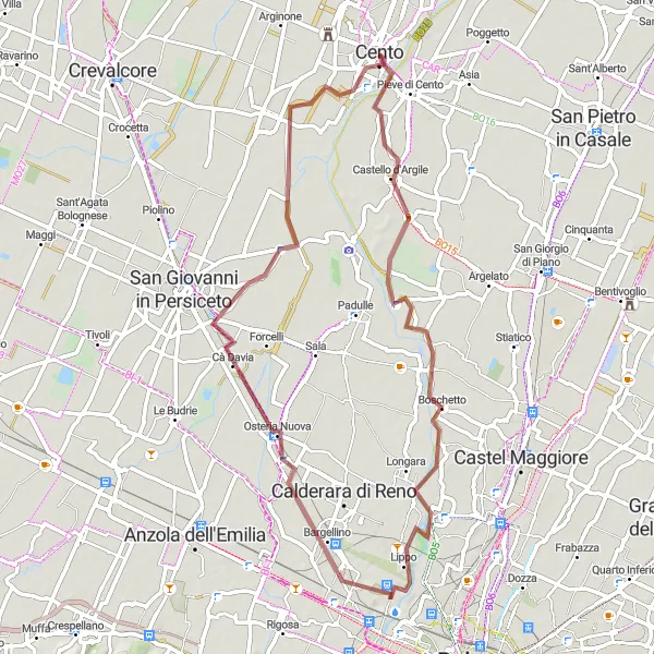 Zemljevid v pomanjšavi "Pustolovska gravel kolesarska pot iz Castello d'Argile" kolesarske inspiracije v Emilia-Romagna, Italy. Generirano z načrtovalcem kolesarskih poti Tarmacs.app