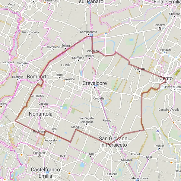 Kartminiatyr av "Lang grusvei sykkeltur fra Cento" sykkelinspirasjon i Emilia-Romagna, Italy. Generert av Tarmacs.app sykkelrutoplanlegger