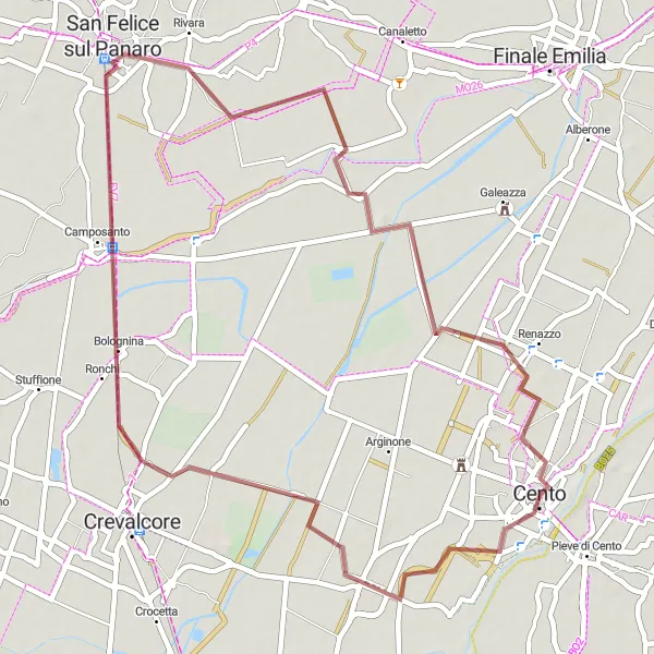 Kartminiatyr av "Från Cento till Statua di Ugo Bassi" cykelinspiration i Emilia-Romagna, Italy. Genererad av Tarmacs.app cykelruttplanerare