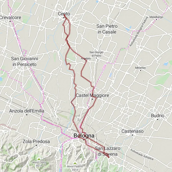 Kartminiatyr av "Grusvägar genom Bolognas landsbygd" cykelinspiration i Emilia-Romagna, Italy. Genererad av Tarmacs.app cykelruttplanerare