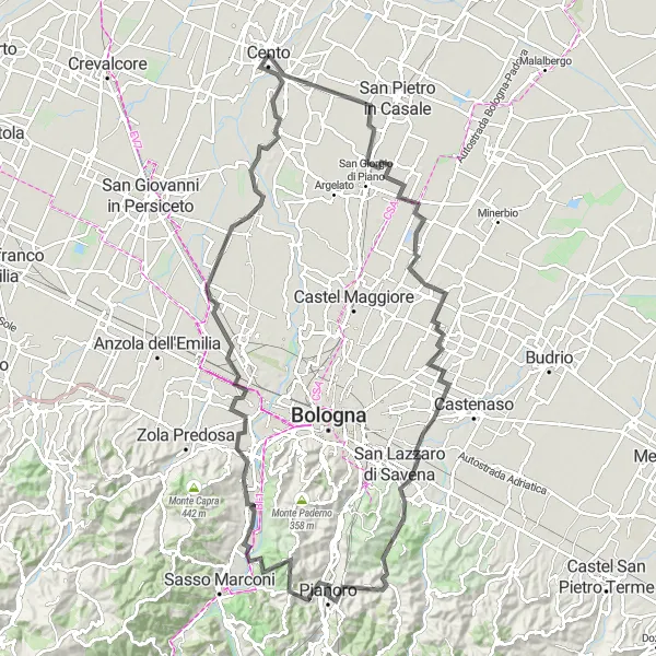 Kartminiatyr av "Långtur till Borgo Panigale" cykelinspiration i Emilia-Romagna, Italy. Genererad av Tarmacs.app cykelruttplanerare