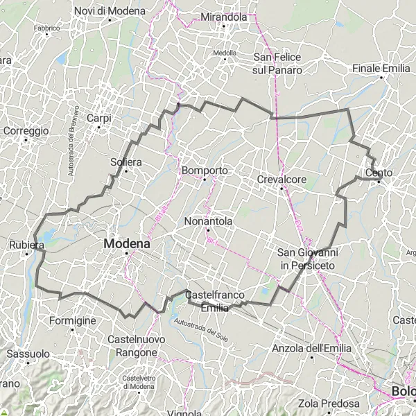 Zemljevid v pomanjšavi "Cestna Kolesarska Pot v bližini Centra" kolesarske inspiracije v Emilia-Romagna, Italy. Generirano z načrtovalcem kolesarskih poti Tarmacs.app