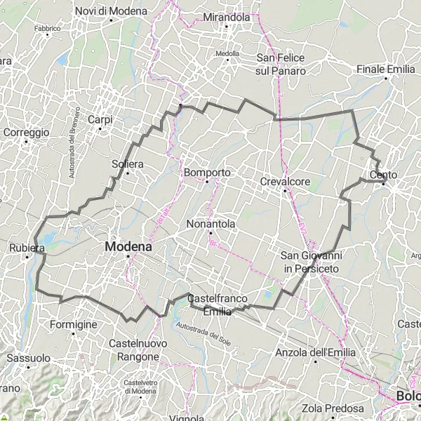 Kartminiatyr av "Veitursykling fra Cento" sykkelinspirasjon i Emilia-Romagna, Italy. Generert av Tarmacs.app sykkelrutoplanlegger