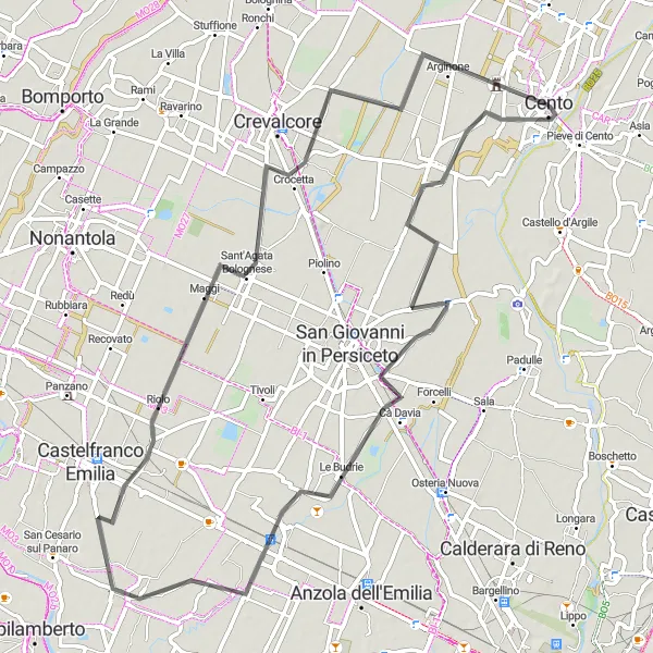 Miniatura della mappa di ispirazione al ciclismo "Giro ciclistico di 77 km tra Cento e Sant'Agata Bolognese" nella regione di Emilia-Romagna, Italy. Generata da Tarmacs.app, pianificatore di rotte ciclistiche