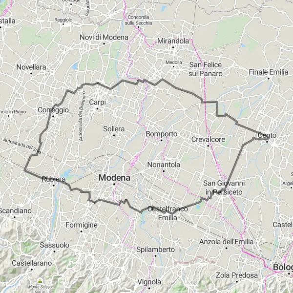 Zemljevid v pomanjšavi "Raznolika ciklična pot od Centa do Fossoli" kolesarske inspiracije v Emilia-Romagna, Italy. Generirano z načrtovalcem kolesarskih poti Tarmacs.app