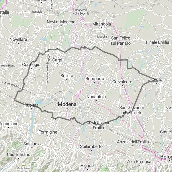 Miniatura della mappa di ispirazione al ciclismo "Giro in bicicletta da Cento a San Giovanni in Persiceto e ritorno" nella regione di Emilia-Romagna, Italy. Generata da Tarmacs.app, pianificatore di rotte ciclistiche