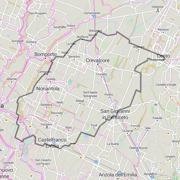 Kartminiatyr av "San Matteo della Decima til Cento Loop" sykkelinspirasjon i Emilia-Romagna, Italy. Generert av Tarmacs.app sykkelrutoplanlegger
