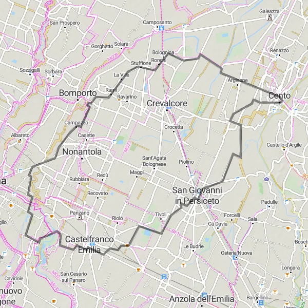 Zemljevid v pomanjšavi "Ciklična pot do Centa preko San Matteo della Decima" kolesarske inspiracije v Emilia-Romagna, Italy. Generirano z načrtovalcem kolesarskih poti Tarmacs.app