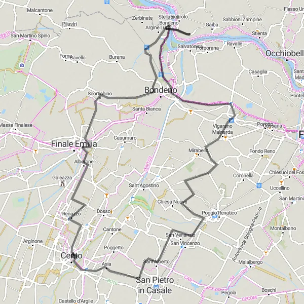 Kartminiatyr av "Utflykt till Vigarano Mainarda" cykelinspiration i Emilia-Romagna, Italy. Genererad av Tarmacs.app cykelruttplanerare