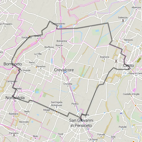 Zemljevid v pomanjšavi "Cycling route from Cento to San Giovanni in Persiceto" kolesarske inspiracije v Emilia-Romagna, Italy. Generirano z načrtovalcem kolesarskih poti Tarmacs.app
