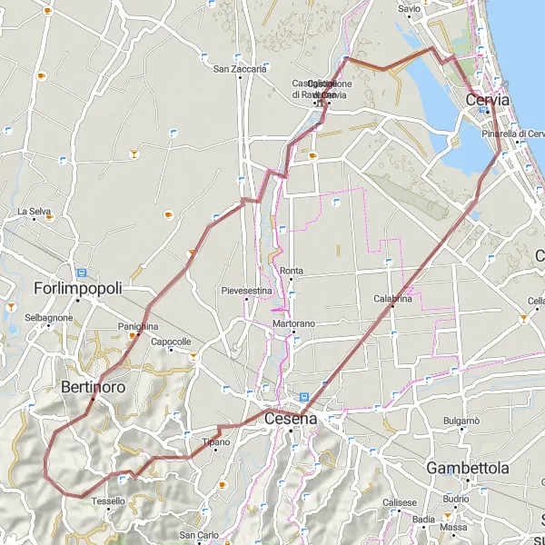 Karttaminiaatyyri "68 km sora-ajoreitti Cervian lähellä" pyöräilyinspiraatiosta alueella Emilia-Romagna, Italy. Luotu Tarmacs.app pyöräilyreittisuunnittelijalla