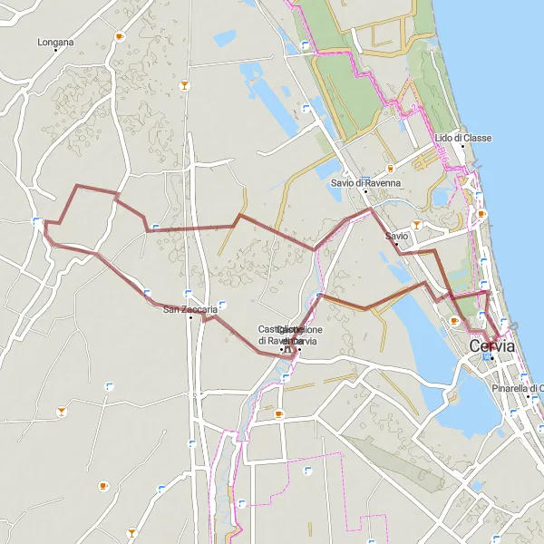 Kartminiatyr av "Grusvei opplevelser i nærheten av Cervia" sykkelinspirasjon i Emilia-Romagna, Italy. Generert av Tarmacs.app sykkelrutoplanlegger
