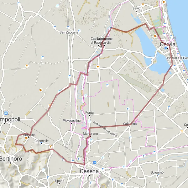 Kartminiatyr av "Oppdag grusveiene rundt Cervia" sykkelinspirasjon i Emilia-Romagna, Italy. Generert av Tarmacs.app sykkelrutoplanlegger