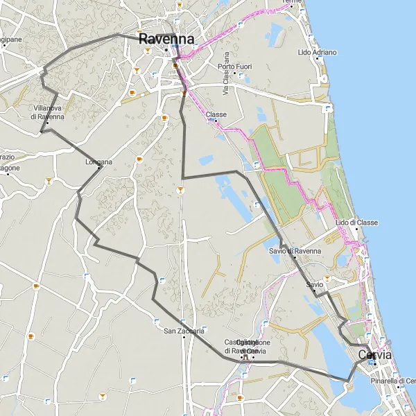 Map miniature of "Road Route from Cervia to Savio" cycling inspiration in Emilia-Romagna, Italy. Generated by Tarmacs.app cycling route planner