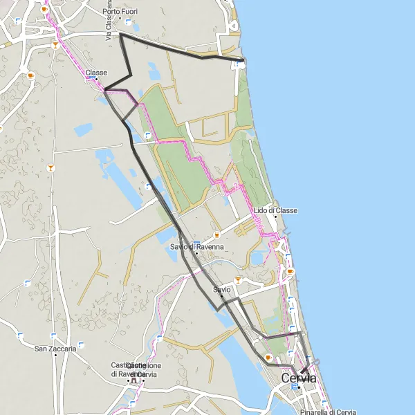 Map miniature of "Road Route from Cervia to Milano Marittima" cycling inspiration in Emilia-Romagna, Italy. Generated by Tarmacs.app cycling route planner