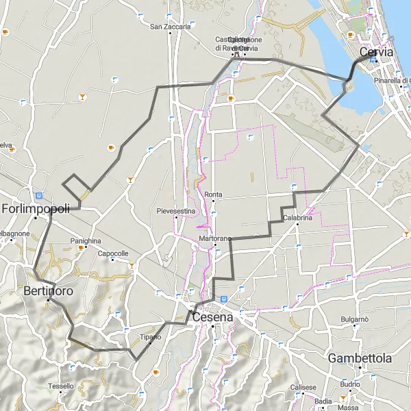 Map miniature of "Road Route from Cervia to Castiglione di Ravenna" cycling inspiration in Emilia-Romagna, Italy. Generated by Tarmacs.app cycling route planner