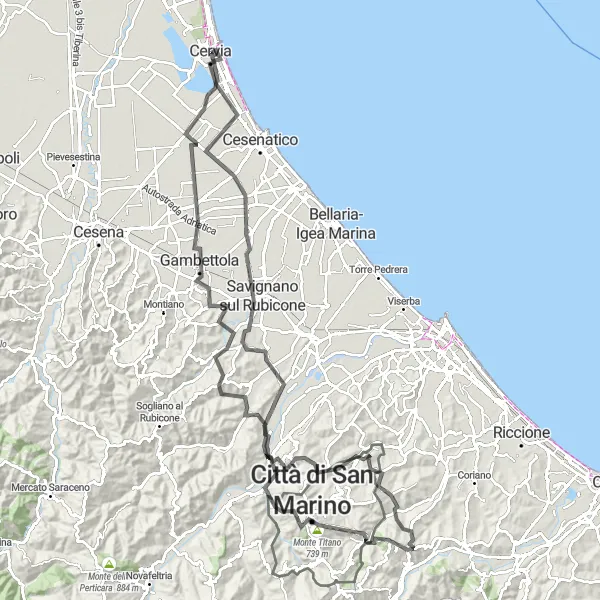 Miniatura mapy "Wyzwanie górzystego szlaku do San Marino" - trasy rowerowej w Emilia-Romagna, Italy. Wygenerowane przez planer tras rowerowych Tarmacs.app