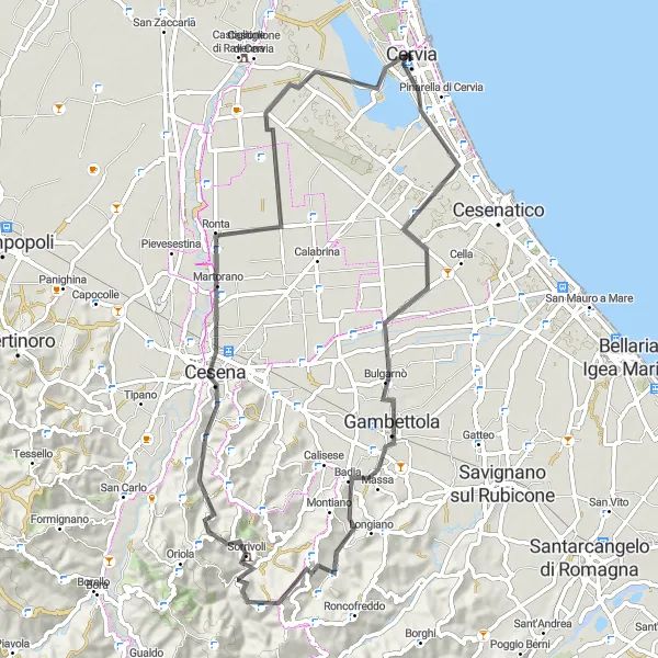 Miniatua del mapa de inspiración ciclista "Ruta de ciclismo de carretera Cervia - Cesena" en Emilia-Romagna, Italy. Generado por Tarmacs.app planificador de rutas ciclistas