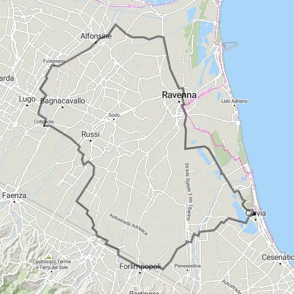 Kartminiatyr av "Historisk veiseiling fra Cervia til Ravenna" sykkelinspirasjon i Emilia-Romagna, Italy. Generert av Tarmacs.app sykkelrutoplanlegger