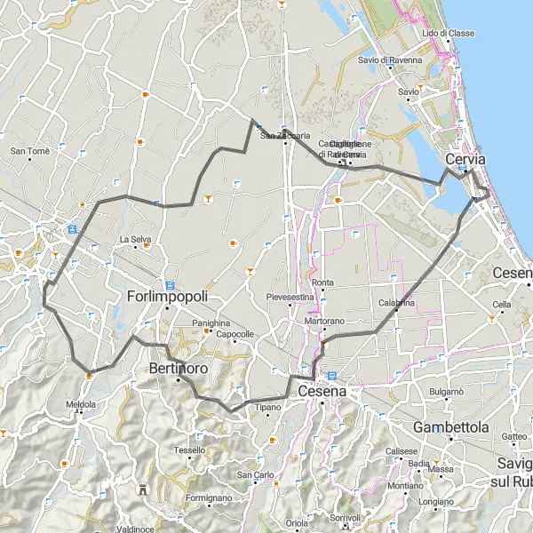 Map miniature of "Cervia Hill Challenge" cycling inspiration in Emilia-Romagna, Italy. Generated by Tarmacs.app cycling route planner