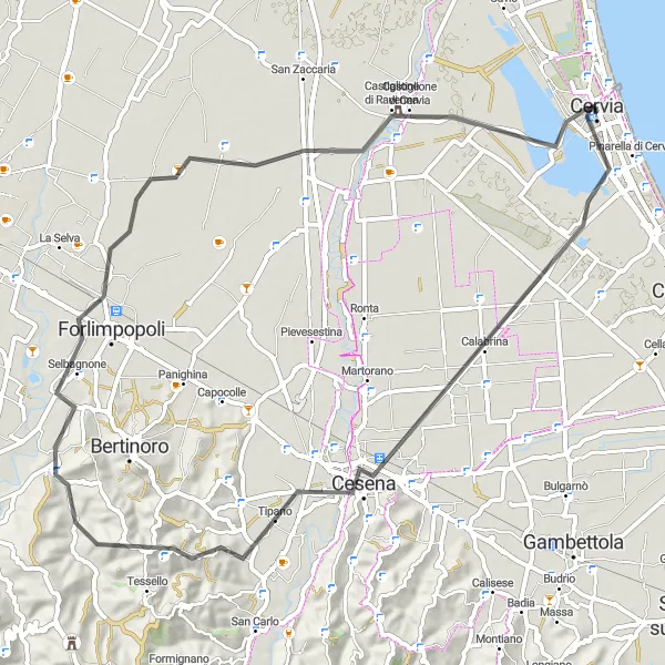Miniatua del mapa de inspiración ciclista "Ruta Escénica en Carretera de Cervia a Castiglione di Ravenna" en Emilia-Romagna, Italy. Generado por Tarmacs.app planificador de rutas ciclistas