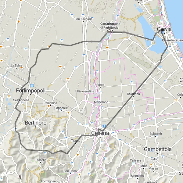 Miniaturekort af cykelinspirationen "Cervia til Castiglione di Ravenna" i Emilia-Romagna, Italy. Genereret af Tarmacs.app cykelruteplanlægger
