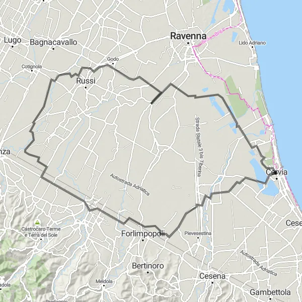 Kartminiatyr av "Pisignano til Savio Sykkeltur" sykkelinspirasjon i Emilia-Romagna, Italy. Generert av Tarmacs.app sykkelrutoplanlegger