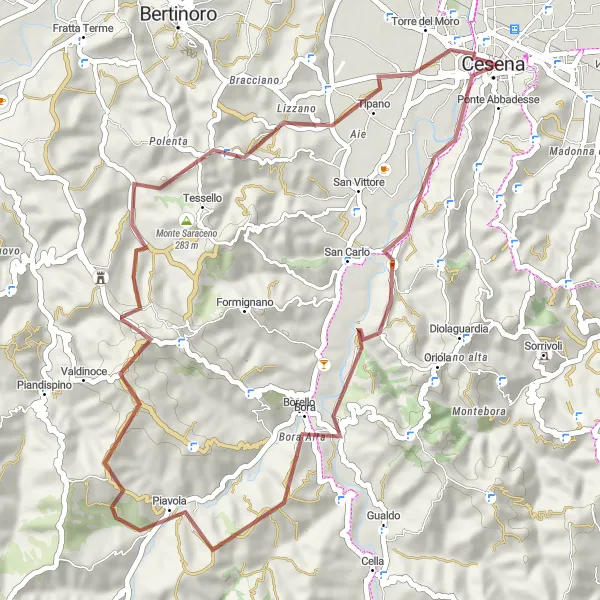 Mapa miniatúra "Gravelová cyklistická trasa z Ceseny cez Monte dei Frati a Monte Cavallo" cyklistická inšpirácia v Emilia-Romagna, Italy. Vygenerované cyklistickým plánovačom trás Tarmacs.app