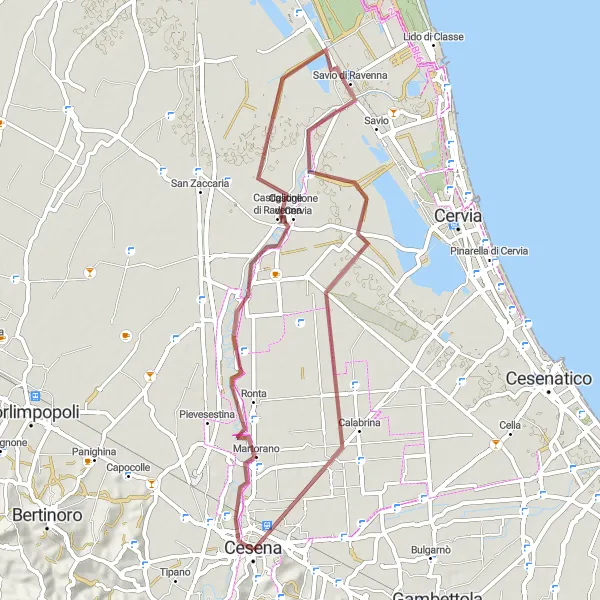 Miniatua del mapa de inspiración ciclista "Ruta de Grava Castiglione di Ravenna" en Emilia-Romagna, Italy. Generado por Tarmacs.app planificador de rutas ciclistas