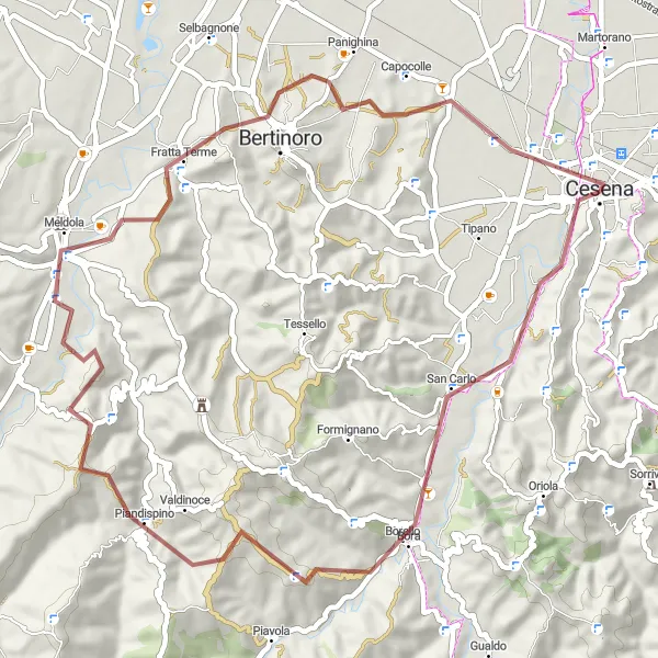 Kartminiatyr av "Grustur tilbake til Cesena" sykkelinspirasjon i Emilia-Romagna, Italy. Generert av Tarmacs.app sykkelrutoplanlegger