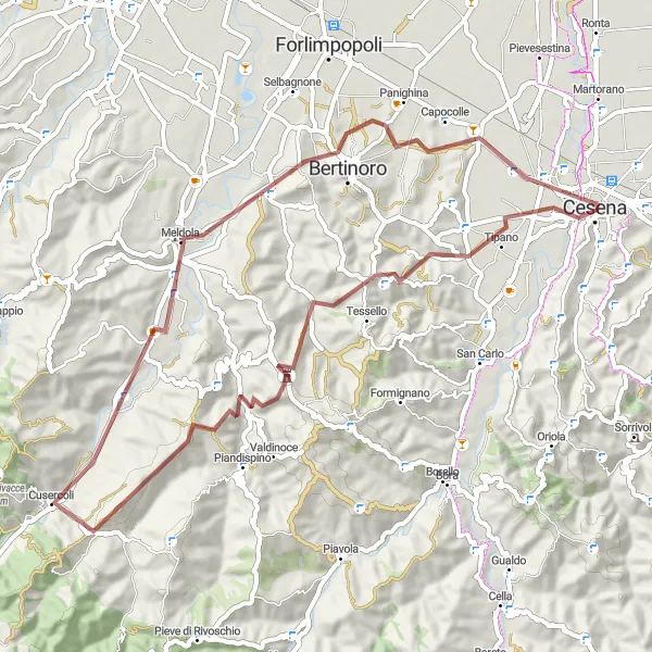 Miniatura della mappa di ispirazione al ciclismo "Gravel delle Rocche" nella regione di Emilia-Romagna, Italy. Generata da Tarmacs.app, pianificatore di rotte ciclistiche
