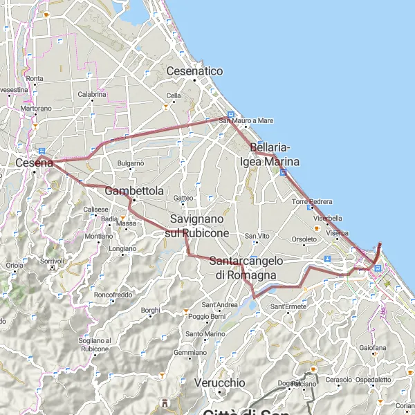 Miniature de la carte de l'inspiration cycliste "Les collines de Rimini" dans la Emilia-Romagna, Italy. Générée par le planificateur d'itinéraire cycliste Tarmacs.app