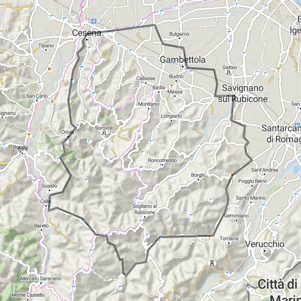 Miniatua del mapa de inspiración ciclista "Ruta de Ciclismo de Carretera a Savignano sul Rubicone y San Giovanni in Galilea" en Emilia-Romagna, Italy. Generado por Tarmacs.app planificador de rutas ciclistas