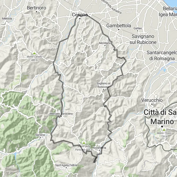 Kartminiatyr av "Lång vägcykling till Cesena via Longiano och Novafeltria" cykelinspiration i Emilia-Romagna, Italy. Genererad av Tarmacs.app cykelruttplanerare