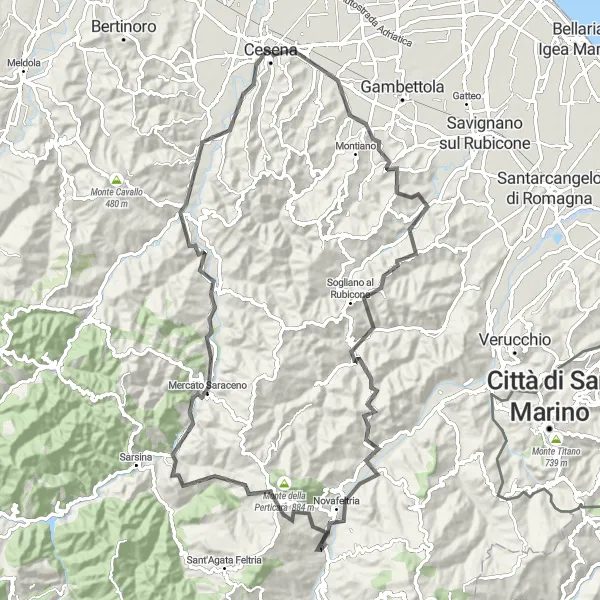 Map miniature of "The Ultimate Cycling Journey: Novafeltria" cycling inspiration in Emilia-Romagna, Italy. Generated by Tarmacs.app cycling route planner