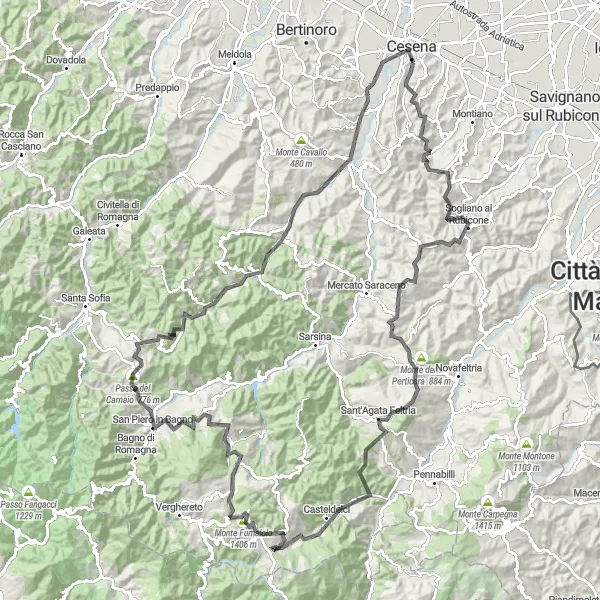 Miniatua del mapa de inspiración ciclista "Ruta de Carretera Monte Curto" en Emilia-Romagna, Italy. Generado por Tarmacs.app planificador de rutas ciclistas